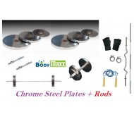 20 Kg Body Maxx Chrome Steel Plates + 5 Ft Bar + 3 Ft Curl Bar + 2 Dumbells Rods + Gloves